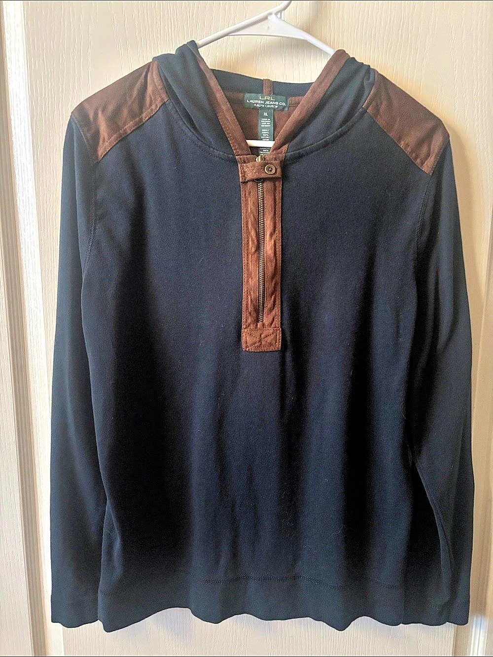 Lauren Jeans Co. Ralph Lauren Quarter-Zip Hoodie Navy Blue & Brown Suede XL